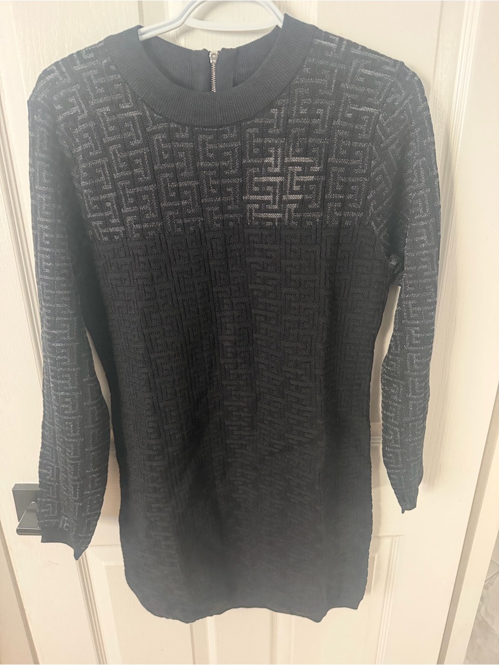 Balmain Black Long-Sleeve Knit Dress with Subtle Logo Texture